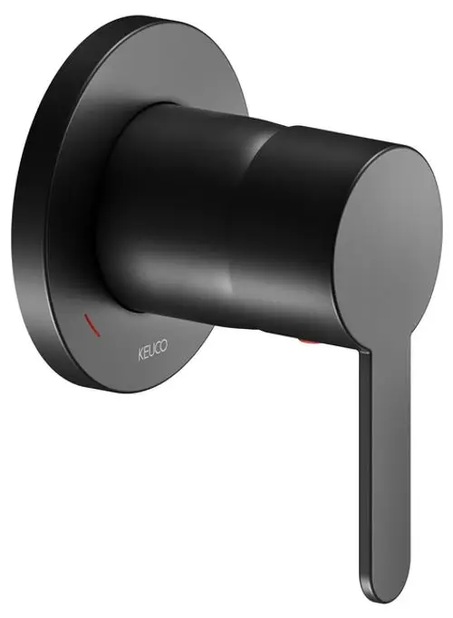 Keuco Mischbatterie mit runder Rosette und flachem Griff in Schwarz, geeignet für Wandmontage. Reduzierte Formen und klare Linien zeichnen das Design aus.